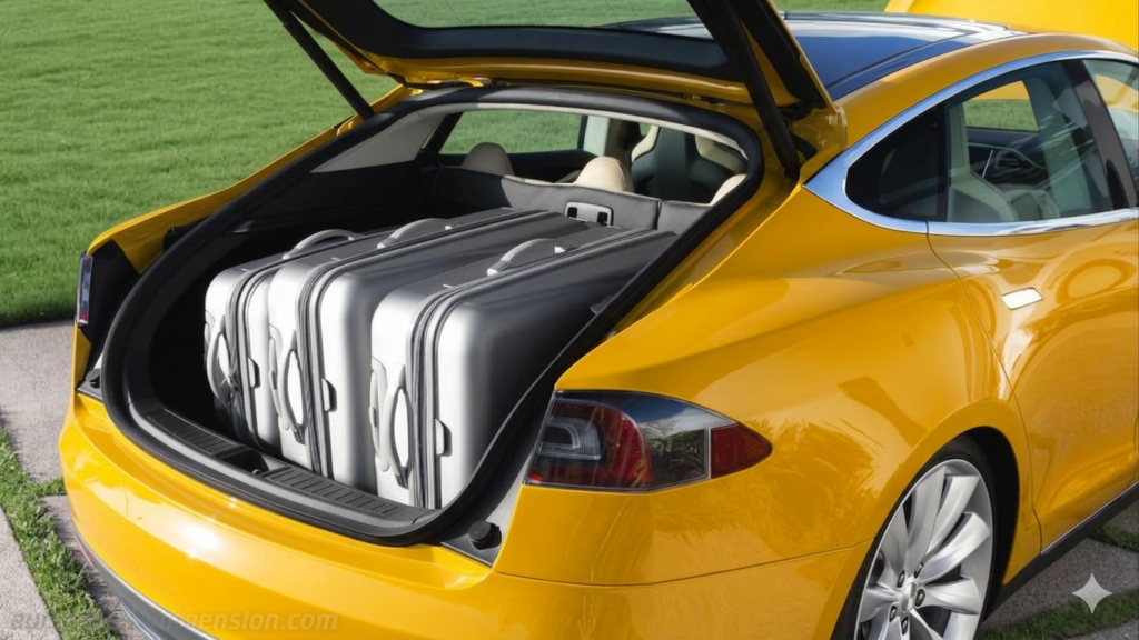 Siófok eTaxi – Sárga Tesla Model S prémium taxi gépjármű nyitott csomagtérrel, benne 4 darab nagyméretű ezüst keményfedeles bőrönddel.